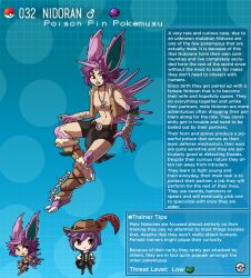 belt buckteeth creature_index english_text generation_1_pokemon horn kinkymation male_focus necklace nidoran nidoran♂ nintendo page_32 page_number pokémon_(species) pokemon pokemon-girl_encyclopedia pokemorph pokemusu pokephilia profile purple_hair