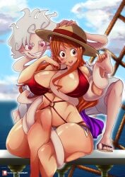 1boy 1girls arms_around_partner beast_pirates_(cosplay) big_breasts blush breasts busty couple curvy female gomu_gomu_no_mi gomu_gomu_no_mi_(gear_5) huge_breasts iggem long_hair male monkey_d_luffy nami one_piece orange_hair overflowing_breasts post-timeskip red_eyes sea ship short_hair sitting skimpy skimpy_clothes stretching stretchy_arms thick_thighs transformation voluptuous voluptuous_female white_hair white_shirt white_shorts