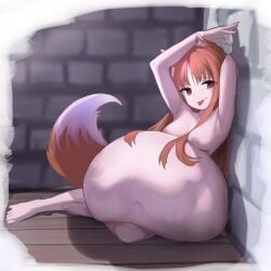 1girls artist_request beauty_mark belly belly_bulge big_belly breasts exream female female_pred holo kemonomimi light-skinned_female light_skin long_hair medium_breasts nipples nude orange_hair red_eyes red_hair same_size_vore spice_and_wolf vore vore_belly wolf_ears wolf_girl wolf_tail