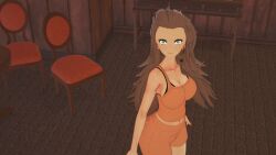 16:9 1girls 3d before_sex black_bra breasts brown_hair closed_mouth clothed earrings female female_focus indoors large_breasts long_hair looking_at_viewer open_eyes orange_shirt orange_shorts orange_top pokemon pokemon_sv professor_sada_(pokemon) room standing video_game video_game_character video_game_franchise