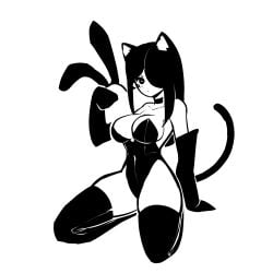 1girls 2023 animal_ear_headwear animal_ears black_hair blush breasts bunny_ears bunnysuit cat_ears cat_tail catgirl choker cleavage cute detached_sleeves hair_over_one_eye kneeling large_breasts looking_at_viewer medium_hair original tagme tail tekona thighhighs thighs