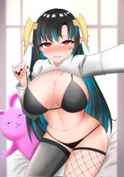 1girls belly_button black_bra black_hair black_nails black_panties blue_hair blush bra breasts female female_only huge_breasts indoors inviting itsumi_yuya_(mr.jk) light-skinned_female light_skin living_plushie looking_at_viewer nose_blush panties pixela_legends pixela_project plushie red_eyes seductive selfie solo teasing teasing_viewer two_tone_hair umino_ciala virtual_youtuber