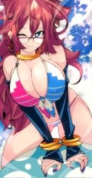 1girls absurd_res absurdres android_21 android_21_(human) anime_style arc_system_works bandai_namco beach beach_ball belly_button big_breasts big_eyes bikini bikini_bottom bikini_top blue_eyes blue_nail_polish blue_nails bracelets brown_hair dragon_ball dragon_ball_fighterz dragon_ball_super earrings elbow_gloves eyelashes fanart female female_only glasses gold_jewelry highres hips long_hair looking_at_viewer messy_hair omochi_db painted_nails smile smiling smiling_at_viewer thick_thighs voluptuous voluptuous_female vomi_(dragon_ball) wide_hips wink winking_at_viewer