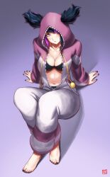 1girls black_hair blush breasts capcom cleavage dyed_hair female female_only finalcake fully_clothed juri_han looking_at_viewer onesie painted_nails painted_toenails pajamas pink_eyes simple_background solo source_request street_fighter street_fighter_6 tagme two_tone_hair