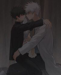 2boys akii_0915 black_hair blush class_3-z fully_clothed gakuran gay gintama gintoki_sakata hand_on_ass hand_on_butt hand_on_chest hijikata_toshiro intimate labcoat looking_at_another male male_only necktie official_alternate_costume profile school_uniform shirt_in_mouth shirt_up sitting sitting_on_lap sitting_on_person teacher teacher_and_student white_hair yaoi