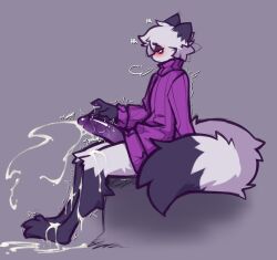 anthro arctic_fox blush bodily_fluids bottomless bottomless_anthro bottomless_male breath canid canine clothed clothing cum cum_on_feet cum_on_ground cum_on_leg cum_on_penis cumshot dipstick_ears dipstick_tail dust_(mewgle) ejaculation excessive_cum excessive_genital_fluids fox fur genital_fluids genitals leg_markings looking_at_genitalia looking_at_penis male mammal markings mewgle multicolored_ears onomatopoeia panting penis precum precum_string shaking sitting socks_(marking) solo sound_effects sweater tail tail_markings text throbbing_penis topwear touching_penis trembling white_body white_fur