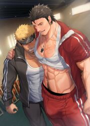 abdominal_hair abs arm_around_shoulders bashful beard blonde_hair blush bulge bulge_through_clothing chest_hair clothed clothed_male coach dark_hair gym_uniform hand_on_shoulder headband male male_only muscular_arms muscular_male nullqllun pulling sports_uniform sportswear suggestive_look tank_top tank_top_lift tank_top_up teacher teacher_and_student veins veiny_arms whistle whistle_around_neck white_tank_top