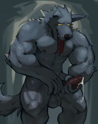 anthro bodily_fluids canid canine cum cum_drip dripping genital_fluids genitals hi_res looking_at_genitalia looking_at_penis male mammal masturbation muscular penile penile_masturbation penis simple_background solo thrisker tongue tongue_out were werecanid werecanine werewolf yellow_sclera