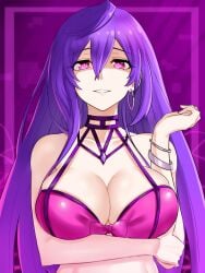 1girls arm_under_breasts arm_up bra breasts cleavage close-up earring eyebrows_visible_through_hair female female_only front_view goddess iris_heart light-skinned_female light_skin long_hair looking_at_viewer neptunia_(series) pink_eyes plutia purple_hair smile solo straight_hair teeth zatsu