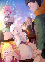 1boy 4girls anal ass beatrice_(re:zero) belt big_ass braid breasts breasts_out censored cubson cuckquean cunnilingus dress_lift elf emilia_(re:zero) from_behind garter_straps imminent_sex long_hair medium_breasts meili_portroute mosaic_censoring natsuki_subaru panties_aside pink_eyes pink_hair pussy_juice ram_(re:zero) re:zero_kara_hajimeru_isekai_seikatsu sex_from_behind short_hair silver_hair sitting_on_table skirt_lift thighhighs threesome voyeur voyeurism white_panties