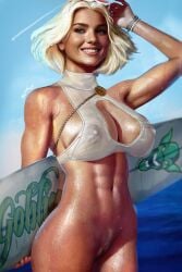 beach blonde_hair blonde_pubic_hair blue_eyes bra dc dc_comics power_girl pubic_hair pussy shikari smiling surfboard transparent_clothing