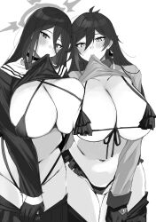 2girls absurdres bikini blue_archive blush breast_press breasts choker cleavage clothes_lift clothes_pull crossover earrings female female_only frills genderswap_(mtf) genshin_impact gloves greyscale hair_between_eyes halo hasumi_(blue_archive) highres huge_breasts jewelry lifted_by_self long_hair looking_at_viewer micro_bikini mole mole_under_eye monochrome mouth_hold mouth_pull multiple_girls nipio rule_63 sailor_collar simple_background single_earring swimsuit zhongli_(genshin_impact) zhongli_jiejie