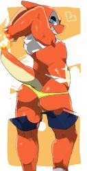 2022 anthro blue_eyes bottomwear charmeleon claws clenched_teeth clothing destroyed_clothing eraser footwear game_freak generation_1_pokemon hands_behind_head heart lizardo looking_at_viewer looking_back looking_back_at_viewer male moesouna_gomi nintendo nipples orange_body orange_scales orange_theme pokemon pokemon_(species) rear_view scales school_uniform shirt shorts smug socks solo tail teeth topwear underwear uniform white_clothing white_shirt white_topwear