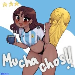 argentina argentinian brown_hair dark-skinned_female dark_skin drink earrings heart_eyes middle_finger national_personification panties soccer_uniform straw tied_shirt world_cup yerba_mate