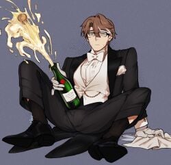 1boy black_suit bowtie bulge bulge_through_clothing champagne glasses honkai:_star_rail honkai_impact_3rd male_only neutral_expression solo_male suit sweatdrop welt_yang_(honkai:_star_rail) white_bowtie white_gloves