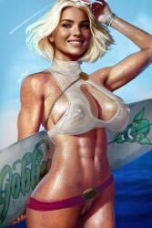 beach blonde_hair blonde_pubic_hair blue_eyes dc dc_comics power_girl pubic_hair pussy shikari smiling surfboard