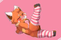 <3_eyes 1boy 2d 2d_(artwork) ailurid anthro anus ass balls bite biting_lip biting_own_lip blush clothing digital_drawing_(artwork) digital_media_(artwork) fur genitals girly heart hi_res image laying_down laying_on_side legwear looking_at_viewer male male_only mammal narrowed_eyes nude nude_male orange_body orange_fur presenting raised_leg raised_tail red_panda simple_background smite_(artist) solo t-square_position tail thigh_highs yellow_eyes