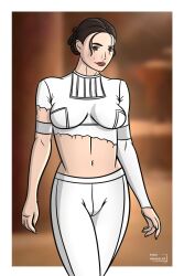 1girls attack_of_the_clones breasts breasts_out brown_eyes brown_hair cameltoe crop_top duck_smuggler exposed exposed_breasts exposed_pussy female female_only front_view geonosis midriff naked nude padme_amidala solo standing star_wars star_wars:_the_clone_wars torn_clothes torn_clothing