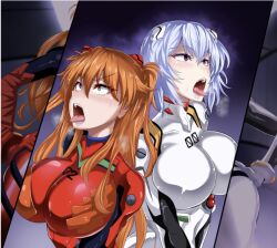 ahe_gao asuka_langley_sohryu big_breasts blue_eyes blush breasts hair hairclip heterochromia huge_breasts human jet_puri light-skinned_female light_skin long_hair neon_genesis_evangelion orange_eyes orange_hair plugsuit red_eyes red_gloves red_outfit rei_ayanami short_hair simple_background tongue_out white_gloves white_outfit