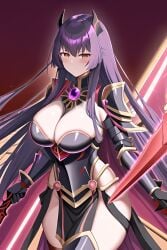 ai_generated big_breasts black_armor purple_hair thighs