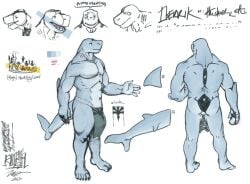 2013 2_penises abs anthro bottomwear clothing derrik_(testosterone) diphallia diphallism featureless_chest fish genitals loincloth male marine model_sheet multi_genitalia multi_penis muscular muscular_male pecs penis plantigrade rear_view shark solo testosterone_(artist) three-quarter_view