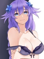 arm_under_breasts blue_eyes bra breasts cleavage close-up flower_in_hair front_view goddess light-skinned_female long_hair looking_at_viewer neptune_(neptunia) neptunia_(series) nipple_slip purple_hair purple_heart_(neptunia) smile solo zatsu