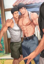 abs armpit_hair big_pecs bulge_press clothed clothed_male dark_hair erection_under_clothes hand_on_another's_shoulder jeans male male_nipples male_only muscular_arms muscular_male nullqllun offscreen_character pants pants_on pecs pressing_against pubic_hair shirt_behind_neck shorts steamy_breath tank_top white_tank_top