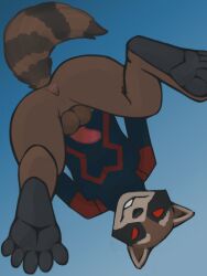 anthro anus ass balls bottomless brown_body brown_fur clothed clothing digital_media_(artwork) fur genitals guardians_of_the_galaxy hi_res humanoid_genitalia humanoid_penis looking_at_viewer male male_only mammal marvel penis presenting presenting_anus presenting_hindquarters procyonid raccoon rocket_raccoon simple_background smile solo sylo tail