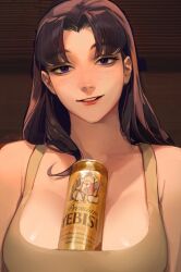 1girl 1girls absurdres alcohol beer beer_can big_breasts blush cleavage clothed clothing drunk female female_only highres limart looking_at_viewer misato_katsuragi neon_genesis_evangelion object_between_breasts parted_lips purple_eyes purple_hair solo tank_top tanktop