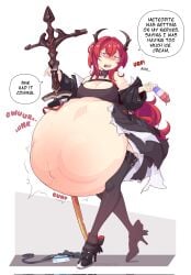 2023 2girls after_vore arknights big_breasts burping color digestion_noises english_text female female_only high_heels huge_belly long_hair multiple_girls popsicle red_hair softservice stomach_noises surtr_(arknights) talking_to_viewer thighhighs vore vore_belly