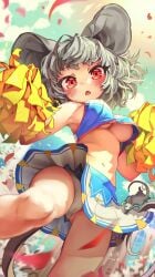 animal_ears armpits blush breasts cameltoe cheerleader crop_top crop_top_overhang dress falling_petals grey_hair holding holding_pom_poms large_breasts looking_at_viewer melaton midriff miniskirt mouse mouse_ears mouse_girl mouse_tail nazrin open_mouth panties pom_pom_(cheerleading) red_eyes short_hair skirt sleeveless solo tail thick_thighs touhou underboob underwear upskirt