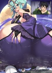 1boy asada_shino big_breasts female giantess gigantification grabbing_own_ass green_eyes green_hair huge_ass purple_dress sinon sword_art_online tempuru