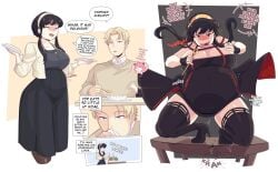 1boy 2girls 2others anya_forger black_hair blush blush_lines burping color comic english_text fat female huge_belly loid_forger male navel_bulge pink_hair softservice spy_x_family stomach_noises tagme thick_thighs thighhighs weight_gain yellow_hair yor_briar yor_forger