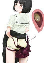 1girls after_sex ass black_hair black_skirt blush brown_eyes clothed_sex egg_implantation female from_behind impregnation insects interspecies monster mozu open_mouth panties panties_aside short_hair size_difference skirt skirt_lift surprised uterus x-ray xray_view yellow_panties zoophilia