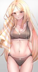 absurdres arm_at_side blonde_hair blush breasts buruma cleavage collarbone commentary commission counter:side dot_nose female gluteal_fold grey_buruma heart highres holding holding_towel laura_beatrix long_hair looking_away medium_breasts navel open_mouth parted_bangs sera4 shaded_face sidelocks solo sports_bra standing stomach sweat swept_bangs thigh_gap thighs towel very_long_hair wiping_sweat yellow_eyes