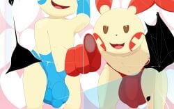 absurd_res anthro balls big_balls big_penis breaking_the_fourth_wall clothing dialogue duo generation_3_pokemon genitals gesture hi_res jaylus_t_meowstic male minun nintendo penis plusle pointing pointing_at_viewer pokemon pokemon_(species) screen_break tagme talking_to_viewer thong underwear