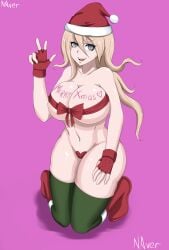 1girls big_breasts blonde_hair blue_eyes breasts busty cleavage danganronpa danganronpa_v3 fingerless_gloves gloves hand_on_leg hand_on_own_leg hand_on_own_thigh hand_on_thigh highres iruma_miu kneeling large_breasts legs long_hair looking_at_viewer maebari navel naver pose posing ribbon smile solo straight_hair thick_thighs thighs underboob v