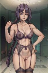 aged_up ai_generated areola areolae boruto:_naruto_next_generations bra breasts breasts_out facing_viewer fit fit_female garter_belt garter_straps garters hands_on_hips hips indoor indoors kakei_sumire large_breasts lingerie medium_breasts naruto naruto_(series) nipples nipples_visible_through_clothing pose posing pubic_hair purple_hair pussy pussy_juice see-through see-through_bra see-through_clothing see-through_top sheer sheer_clothing smile smiling smiling_at_viewer smirk smirking_at_viewer solo solo_female thick_ass thick_thighs thigh_highs thighhighs thighs tight_clothing toned toned_body toned_female toned_stomach twin_braids underwear underwear_only upper_body