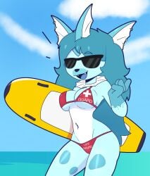 anthro anthrofied beach belly_piercing bikini bikini_bottom bikini_only bikini_top blue_body blue_fur blue_hair blue_skin eyebrows_raised female fins game_freak lifeguard long_hair ocean pokemon pokemon_(species) sfw showers_(pokemon) sunglasses vaporeon womandork909_(artist)