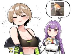 2girls :3 =_= bare_shoulders belt black_shirt blush braid bread breasts brown_hair cleavage counter:side crop_top cropped_torso cute dog eating female food hair_ornament highres holding imagining jacket junsuina_fujunbutsu kang_soyoung large_breasts lee_yumi_(counter:side) light_brown_hair long_sleeves looking_at_another melon_bread midriff motion_lines multiple_girls off_shoulder open_clothes open_jacket open_mouth purple_hair red_eyes shaking shaking_head shiba_inu shirt short_hair simple_background sleeveless sleeveless_shirt smile thought_bubble twin_braids twintails underboob very_short_hair water white_background white_shirt