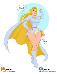 blonde_hair blue_eyes boots cape confident english_text female fully_clothed glory_girl long_hair panties pantyshot parahumans skirt_lift superhero superheroine text text_bubble thedirtymonkey tiara upskirt victoria_dallon worm_(web_series)