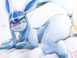 anus bed blue_body blue_fur blush blushing blushing_profusely clitoris closed_eyes colored doggy_style dominant_female dripping dripping_pussy duo eeveelution eiroru feline female female_focus feral feral_penetrated generation_4_pokemon glaceon hi_res human_genitalia human_on_feral human_on_pokemon humanoid_genitalia looking_back looking_pleasured male/female male_penetrating male_penetrating_female nintendo pokemon pokemon_(species) pokephilia simple_background smaller_female tail vagina vaginal vaginal_juices vaginal_penetration vaginal_sex wet wet_pussy white_background