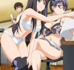 1boy 2girls big_breasts black_bra black_hair black_panties blue_eyes bra breasts brown_hair busty cleavage covered_erect_nipples crossed_legs eroge!_h_mo_game_mo_kaihatsu_zanmai female female_only glasses hand_on_knee hand_on_own_knee headphones highres himeno_kisara kosaka_iori large_breasts legs long_hair mochizuki_tomoya multiple_girls navel nipples panties paper purple_hair red_eyes screencap see-through short_hair sitting stitched thighhighs thighs third-party_edit twintails underwear voluptuous white_bra white_panties