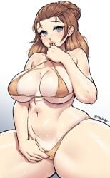 1girls bikini breasts brown_hair cameltoe dracksart female female_only large_breasts looking_at_viewer original solo swimsuit thick_thighs thighs wide_hips