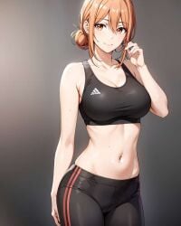 ai_generated ai_hands armpits belly_button big_ass big_breasts child_bearing_hips collarbone exposed_belly gym_uniform hips midriff mother my_teen_romantic_comedy_snafu navel ponytail sports_bra sportswear sweat thighs waist yuigahama_yui's_mother