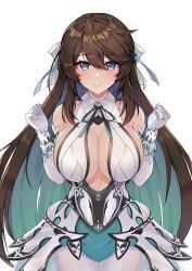 alternate_costume bare_shoulders blue_eyes breasts brown_hair cleavage counter:side female highres large_breasts long_hair looking_at_viewer shin_jia smile solo very_long_hair