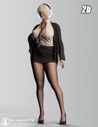 3d big_breasts bradengts breasts clothed_female heels legs legwear long_legs nier:_automata office_lady office_uniform pantyhose pencil_skirt skirt stockings tie white_hair yorha_2b