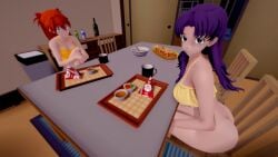 2girls 3d annoyed ass asuka_langley_sohryu big_ass caught eating embarrassed female female_only food katsuragi_misato kitchen misato_katsuragi multiple_girls neon_genesis_evangelion orange_hair pawgsuka pov purple_hair souryuu_asuka_langley