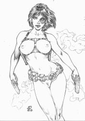 1girls belt big_breasts black_hair breasts casual domino_(marvel) female firearm guns handgun marvel marvel_comics naked neena_thurman nipples no_color pale_skin pubic_hair pussy renato_camilo short_hair tactical_nudity thighs vagina weapon x-force x-men