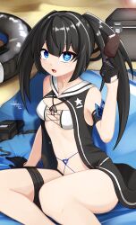 1girls alternate_version_available beach beach_towel bikini bikini_top black_hair black_rock_shooter black_rock_shooter_(character) black_rock_shooter_fragment blue_eyes clothed gloves ice_cream light-skinned_female light_skin navel small_breasts solo_female star star_eye stephen swimsuit tagme twintails